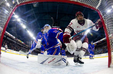 FEBRUARY 21: Tyler Wall #33 of the Massachusetts Lowell River Hawks during NCAA men’s hockey at the Tsongas Center on February 21, 2020 in Lowell, Massachusetts. The River Hawks won 3-2. (Photo by Richard T Gagnon/Getty Images)