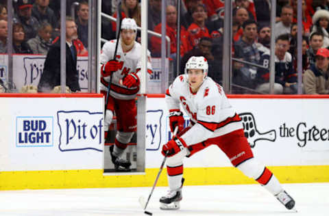 WASHINGTON, DC – JANUARY 13: Teuvo Teravainen #86 of the Carolina Hurricanes skates with the puck against the Washington Capitals in the third period at Capital One Arena on January 13, 2020, in Washington, DC. (Photo by Rob Carr/Getty Images)