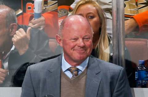 ANAHEIM, CA – APRIL 3: General Manager and Interim Head Coach, Bob Murray of the Anaheim Ducks smile from the bench during the game against the Calgary Flames on April 3, 2019, at Honda Center in Anaheim, California. (Photo by Debora Robinson/NHLI via Getty Images)