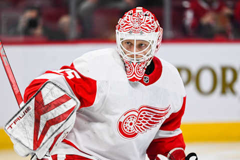 Apr 4, 2023; Montreal, Quebec, CAN; Detroit Red Wings goalie Ville Husso (35) against the Montreal Canadiens during the second period at Bell Centre. Mandatory Credit: David Kirouac-USA TODAY Sports