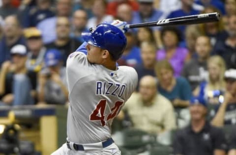 Sep 7, 2016; Milwaukee, WI, USA; Chicago Cubs first baseman Anthony Rizzo (44) hits a solo home run in the sixth inning against the Milwaukee Brewers at Miller Park. Mandatory Credit: Benny Sieu-USA TODAY Sports