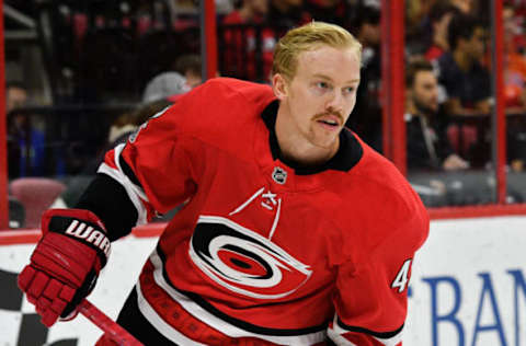 RALEIGH, NC – NOVEMBER 22: Carolina Hurricanes Left Wing Joakim Nordstrom (42) skates in warm ups during a game between the Carolina Hurricanes and the New York Rangers at the PNC Arena in Raleigh, NC on November 22, 2017. (Photo by Greg Thompson/Icon Sportswire via Getty Images)