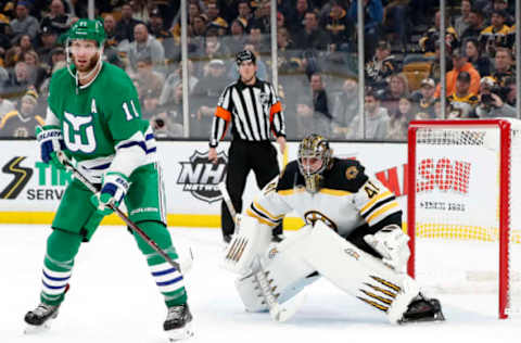 BOSTON, MA – MARCH 05: Carolina Hurricanes center Jordan Staal (11) sets up in front of Boston Bruins goalie Jaroslav Halak (41) during a game between the Boston Bruins and the Carolina Hurricanes on March 5, 2019, at TD Garden in Boston, Massachusetts. (Photo by Fred Kfoury III/Icon Sportswire via Getty Images)