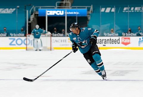 SAN JOSE, CALIFORNIA – MARCH 29: Evander Kane #9 of the San Jose Sharks in action against the Minnesota Wild at SAP Center on March 29, 2021 in San Jose, California. (Photo by Ezra Shaw/Getty Images)