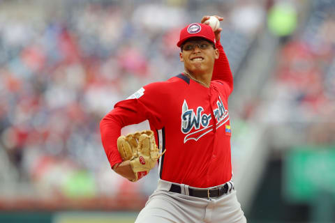 WASHINGTON, D.C. – JULY 15: Jesus Luzardo #9 of the World Team pitches during the SiriusXM All-Star Futures Game at Nationals Park on Sunday, July 15, 2018 in Washington, D.C. (Photo by Alex Trautwig/MLB Photos via Getty Images)