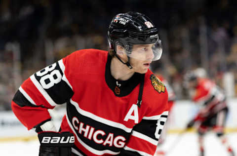 BOSTON, MA – NOVEMBER 19: Patrick Kane #88 of the Chicago Blackhawks warms up before a game against the Boston Bruins at the TD Garden on November 19, 2022 in Boston, Massachusetts. The Bruins won 6-1 and tied the NHL record for consecutive home wins to start a season with 11. (Photo by Richard T Gagnon/Getty Images)