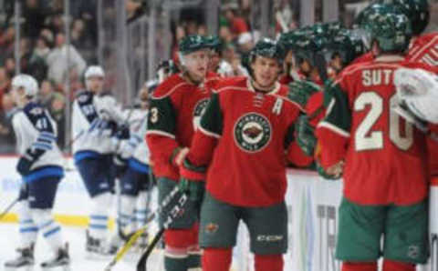 Oct 8, 2016; Saint Paul, MN, USA; Minnesota Wild forward Zach Parise (11) celebrates after scoring a goal during the first period against the Winnipeg Jets at Xcel Energy Center. Mandatory Credit: Marilyn Indahl-USA TODAY Sports