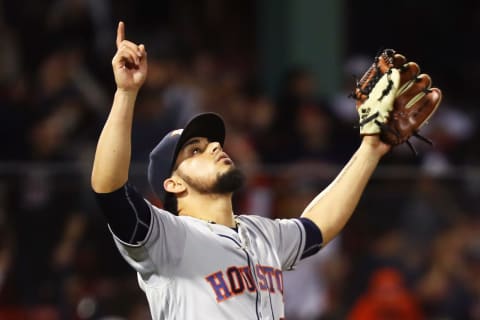 BOSTON, MA – SEPTEMBER 7: Roberto Osuna #54 of the Houston Astros reacts after a victory over the Boston Red Sox at Fenway Park on September 7, 2018 in Boston, Massachusetts. (Photo by Adam Glanzman/Getty Images)