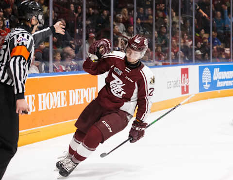 OSHAWA, ON – DECEMBER 13: Mason Mctavish #23 of the Peterborough Petes celebrates after scoring in the first period during an OHL game against the Oshawa Generals at the Tribute Communities Centre on December 13, 2019 in Oshawa, Ontario, Canada. (Photo by Chris Tanouye/Getty Images)