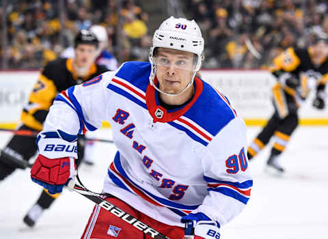 PITTSBURGH, PA – APRIL 06: New York Rangers Winger Vladislav Namestnikov (90) looks on during the third period in the NHL game between the Pittsburgh Penguins and the New York Rangers on April 6, 2019, at PPG Paints Arena in Pittsburgh, PA. (Photo by Jeanine Leech/Icon Sportswire via Getty Images)