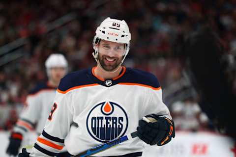 Nov 24, 2019; Glendale, AZ, USA; Edmonton Oilers center Sam Gagner (89) against the Arizona Coyotes at Gila River Arena. Mandatory Credit: Mark J. Rebilas-USA TODAY Sports