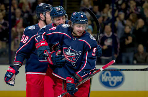 COLUMBUS, OH – NOVEMBER 23: Columbus Blue Jackets left wing Artemi Panarin (9) celebrates with Columbus Blue Jackets left wing Markus Hannikainen (37) and Columbus Blue Jackets defenseman David Savard (58) after scoring a goal in a game between the Columbus Blue Jackets and the Toronto Maple Leafs on November 23, 2018 at Nationwide Arena in Columbus, OH.(Photo by Adam Lacy/Icon Sportswire via Getty Images)