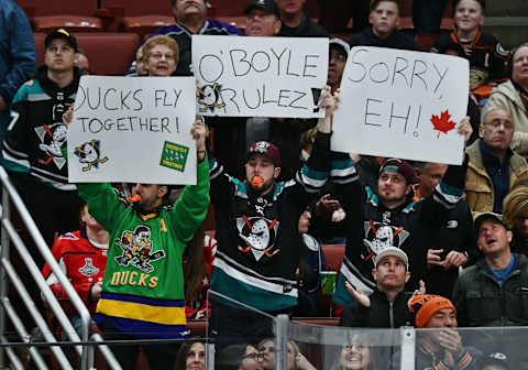 ANAHEIM, CA – FEBRUARY 17: Fans in the stands holding signs during a game between the Anaheim Ducks and the Washington Capitals played on February 17, 2019 at the Honda Center in Anaheim, CA. (Photo by John Cordes/Icon Sportswire via Getty Images)