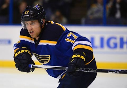 Feb 16, 2016; St. Louis, MO, USA; St. Louis Blues left wing Jaden Schwartz (17) skates against the Dallas Stars during the third period at the Scottrade Center. The Blues defeated the Stars 2-1 in overtime. Mandatory Credit: Jeff Curry-USA TODAY Sports