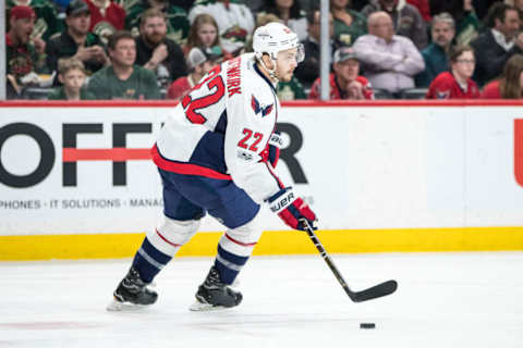 Mar 28, 2017; Saint Paul, MN, USA; Washington Capitals defenseman Kevin Shattenkirk (22) against the Minnesota Wild at Xcel Energy Center. The Capitals defeated the Wild 5-4 in overtime. Mandatory Credit: Brace Hemmelgarn-USA TODAY Sports