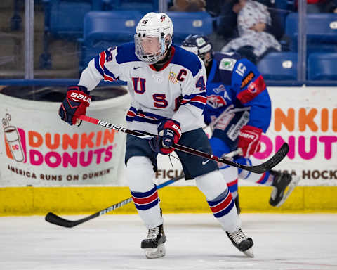 PLYMOUTH, MI – DECEMBER 11: Jake Sanderson #48 of the U.S. Nationals follows the play against the Slovakia Nationals during game two of day one of the 2018 Under-17 Four Nations Tournament game at USA Hockey Arena on December 11, 2018 in Plymouth, Michigan. USA defeated Slovakia 7-2. (Photo by Dave Reginek/Getty Images)