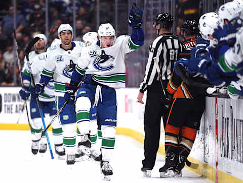 Adam Gaudette #88 of the Vancouver Canucks celebrates his goal. (Photo by Harry How/Getty Images)