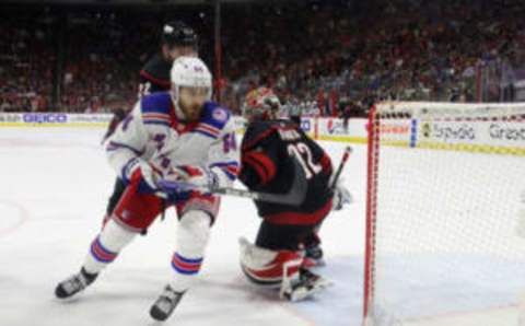 RALEIGH, NORTH CAROLINA – MAY 20: Tyler Motte #64 of the New York Rangers skates against the Carolina Hurricanes in Game Two of the Second Round of the 2022 Stanley Cup Playoffs at PNC Arena on May 20, 2022 in Raleigh, North Carolina. The Hurricanes shutout the Rangers 2-0. (Photo by Bruce Bennett/Getty Images)