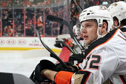 PHILADELPHIA, PA – DECEMBER 17: Jacob Larsson #32 of the Anaheim Ducks looks on from the bench against the Philadelphia Flyers on December 17, 2019 at the Wells Fargo Center in Philadelphia, Pennsylvania. (Photo by Len Redkoles/NHL via Getty Images)