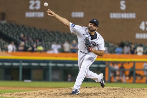 May 31, 2022; Detroit, Michigan, USA; Detroit Tigers starting pitcher Michael Fulmer (32) pitches during the ninth inning against the Minnesota Twins at Comerica Park. Mandatory Credit: Raj Mehta-USA TODAY Sports