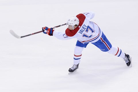 TORONTO, ON – SEPTEMBER 24: Montreal Canadiens Defenceman Rinat Valiev (17) shoots the puck before the NHL preseason game between the Montreal Canadiens and the Toronto Maple Leafs on September 24, 2018, at Scotiabank Arena in Toronto, ON, Canada. (Photo by Julian Avram/Icon Sportswire via Getty Images)