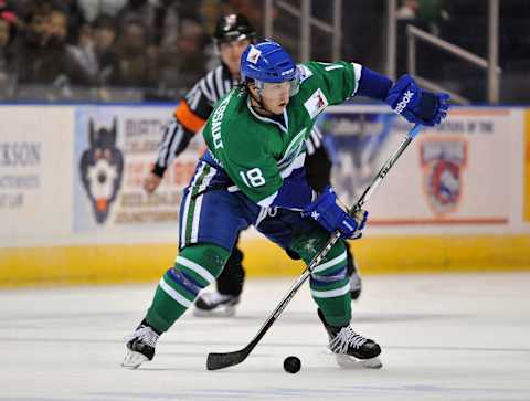 BRIDGEPORT, CT – NOVEMBER 2: Jonathan Audy-Marchessault #18 of the Connecticut Whale skates with the puck during the second period against the Bridgeport Sound Tigers at The Arena at Harbor Yard on November 2, 2011 in Bridgeport, Connecticut. (Christopher Pasatieri/Getty Images)