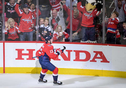 WASHINGTON, DC – MAY 5: Washington Capitals left wing Jakub Vrana (13) celebrates his third period goal against the Pittsburgh Penguins at Capital One Arena. (Photo by Jonathan Newton/The Washington Post via Getty Images)