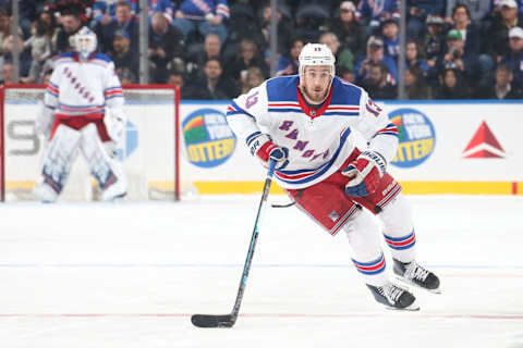 NEW YORK, NY – FEBRUARY 08: Kevin Hayes #13 of the New York Rangers skates with the puck against the Carolina Hurricanes at Madison Square Garden on February 8, 2019 in New York City. (Photo by Jared Silber/NHLI via Getty Images)