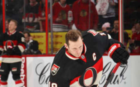 GATINEAU, CANADA – MARCH 28: Jason Spezza #19 of the Ottawa Senators fires a slap shot during warmup prior to the game against the Chicago Blackhawks at Canadian Tire Centre on March 28, 2014,in Ottawa, Ontario, Canada. (Photo by Francois Laplante/FreestylePhoto/Getty Images)