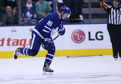 TORONTO, ON- APRIL 15 – Toronto Maple Leafs right wing Mitchell Marner (16) grimaces after blocking a shot in the final seconds as the Toronto Maple Leafs play the Boston Bruins in game three of the first round play-off series in Toronto. April 15, 2019. (Steve Russell/Toronto Star via Getty Images)