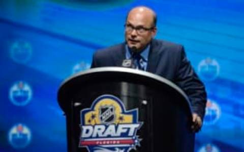 Jun 26, 2015; Sunrise, FL, USA; Edmonton Oilers general manager Peter Chiarelli makes the Oilers pick of Connor McDavid (not pictured) in the first round of the 2015 NHL Draft at BB&T Center. Mandatory Credit: Steve Mitchell-USA TODAY Sports