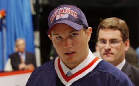 TORONTO, ONT – JUNE 22: The number one pick Rick Nash wears his new team jersey after being selected by the Columbus Blue Jackets during the first round NHL Draft on June 22, 2002 at the Air Canada Centre in Toronto, Ontario. (Photo by Dave Sandford/Getty Images/NHLI)