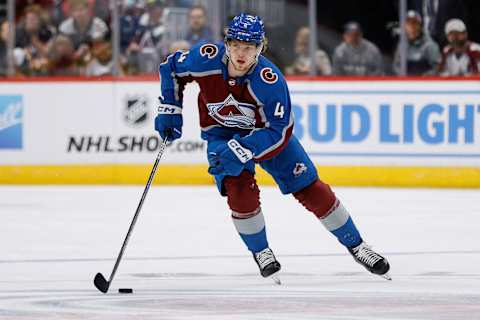 Oct 19, 2023; Denver, Colorado, USA; Colorado Avalanche defenseman Bowen Byram (4) : Isaiah J. Downing-USA TODAY Sports