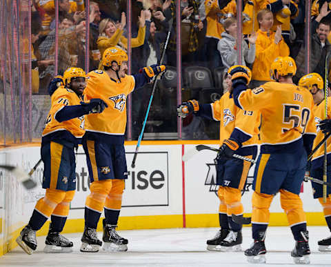 NASHVILLE, TN – FEBRUARY 14: Brian Boyle #11 of the Nashville Predators celebrates his goal with P.K. Subban #76 against the Montreal Canadiens at Bridgestone Arena on February 14, 2019 in Nashville, Tennessee. (Photo by John Russell/NHLI via Getty Images)