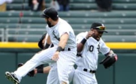 Apr 20, 2016; Chicago, IL, USA; Chicago White Sox left fielder Melky Cabrera (left), right fielder Adam Eaton (center) and center fielder Austin Jackson (10) celebrate their win against the Los Angeles Angels at U.S. Cellular Field. The White Sox won 2-1. Mandatory Credit: David Banks-USA TODAY Sports