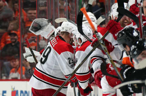 PHILADELPHIA, PA – APRIL 09: Bryan Bickell #29 of the Carolina Hurricanes celebrates with his teammates on the bench after scoring a goal in the shootout against the Philadelphia Flyers on April 9, 2017 at the Wells Fargo Center in Philadelphia, Pennsylvania. Bickell is retiring from the NHL at the conclusion of this season after being diagnosed with Multiple Sclerosis. The Hurricanes went on to defeat the Flyers 4-3 in a shootout. (Photo by Len Redkoles/NHLI via Getty Images)