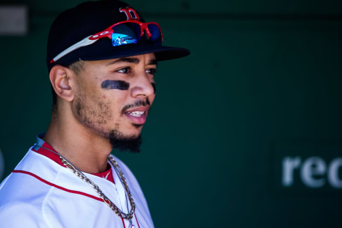 BOSTON, MA – MAY 2: Mookie Betts #50 of the Boston Red Sox looks on before the game against the Kansas City Royals at Fenway Park on Wednesday, May 2, 2018, in Boston, Massachusetts. (Photo by Rob Tringali/SportsChrome/Getty Images) *** Local Caption *** Mookie Betts