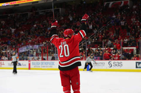 RALEIGH, NC – NOVEMBER 07: Carolina Hurricanes right wing Sebastian Aho (20) celebrates a goal during the 3rd period of the Carolina Hurricanes game versus the New York Rangers on November 7th, 2019 at PNC Arena in Raleigh, NC (Photo by Jaylynn Nash/Icon Sportswire via Getty Images)