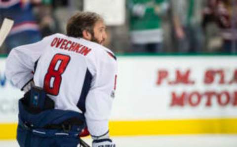 Jan 21, 2017; Dallas, TX, USA; Washington Capitals left wing Alex Ovechkin (8) skates in warm-ups prior to the game against against the Dallas Stars at the American Airlines Center. Mandatory Credit: Jerome Miron-USA TODAY Sports