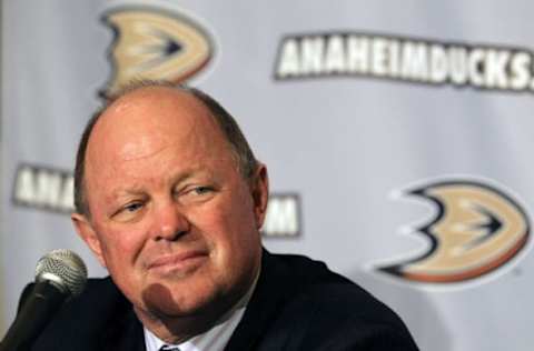 ANAHEIM, CA – December 1: General Manager Bob Murray of the Anaheim Ducks looks on during a press conference announcing new head coach Bruce Boudreau after morning practice at Anaheim Ice on December 1, 2011, in Anaheim, California. (Photo by Debora Robinson/NHLI via GettyImages)