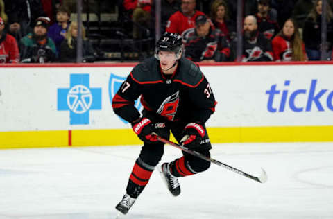 RALEIGH, NC – JANUARY 17: Andrei Svechnikov #37 of the Carolina Hurricanes skates for position on the ice during an NHL game against the Anaheim Ducks on January 17, 2020 at PNC Arena in Raleigh, North Carolina. (Photo by Gregg Forwerck/NHLI via Getty Images)