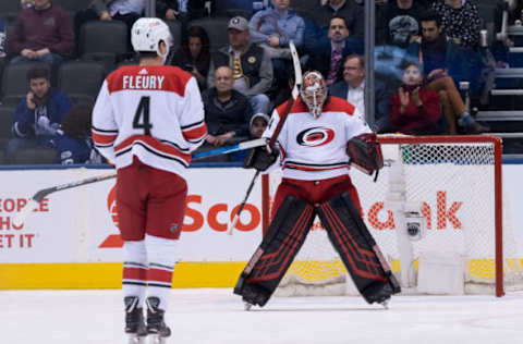 TORONTO, ON – APRIL 02: Carolina Hurricanes Goalie Petr Mrazek (34) celebrates the win after the NHL regular season game between the Carolina Hurricanes and the Toronto Maple Leafs on April 2, 2019, at Scotiabank Arena in Toronto, ON, Canada. (Photo by Julian Avram/Icon Sportswire via Getty Images)