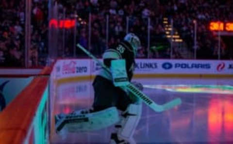 Apr 9, 2016; Saint Paul, MN, USA; Minnesota Wild goalie Darcy Kuemper (35) skates onto the ice in the third period against the Calgary Flames at Xcel Energy Center. Mandatory Credit: Brad Rempel-USA TODAY Sports