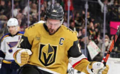 LAS VEGAS, NEVADA – DECEMBER 23: Mark Stone #61 of the Vegas Golden Knights celebrates his second-period goal against the St. Louis Blues during their game at T-Mobile Arena on December 23, 2022 in Las Vegas, Nevada. The Golden Knights defeated the Blues 5-4 in a shootout. (Photo by Ethan Miller/Getty Images)