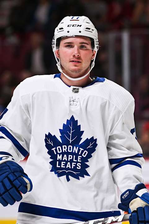 MONTREAL, QC – SEPTEMBER 23: Look on Toronto Maple Leafs center Adam Brooks (77) during the Toronto Maple Leafs versus the Montreal Canadiens preseason game on September 23, 2019, at Bell Centre in Montreal, QC (Photo by David Kirouac/Icon Sportswire via Getty Images)