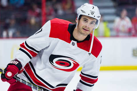 OTTAWA, ON – MARCH 24: Carolina Hurricanes Center Derek Ryan (7) skates during warm-up before National Hockey League action between the Carolina Hurricanes and Ottawa Senators on March 24, 2018, at Canadian Tire Centre in Ottawa, ON, Canada. (Photo by Richard A. Whittaker/Icon Sportswire via Getty Images)