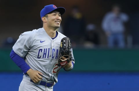 Apr 12, 2022; Pittsburgh, Pennsylvania, USA; Chicago Cubs right fielder Seiya Suzuki (27) reacts to leaving the field after the Cubs defeated the Pittsburgh Pirates at PNC Park. Chicago won 2-1. Mandatory Credit: Charles LeClaire-USA TODAY Sports