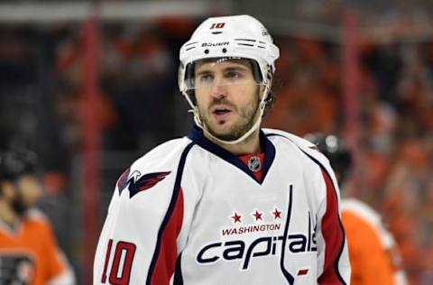 Apr 24, 2016; Philadelphia, PA, USA; Washington Capitals center Mike Richards (10) during the first period against the Philadelphia Flyers in game six of the first round of the 2016 Stanley Cup Playoffs at Wells Fargo Center. Mandatory Credit: Derik Hamilton-USA TODAY Sports