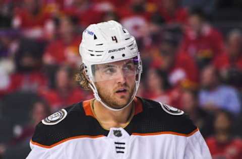 CALGARY, AB – OCTOBER 18: Cam Fowler #4 of the Anaheim Ducks in action against the Calgary Flames during an NHL game at Scotiabank Saddledome on October 18, 2021 in Calgary, Alberta, Canada. (Photo by Derek Leung/Getty Images)