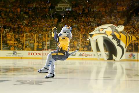 NASHVILLE, TN – JUNE 11: The Nashville Predators mascot ‘Gnash’ flies into the arena prior to Game Six of the 2017 NHL Stanley Cup Final against the Pittsburgh Penguins at the Bridgestone Arena on June 3, 2017 in Nashville, Tennessee. (Photo by Justin K. Aller/Getty Images)